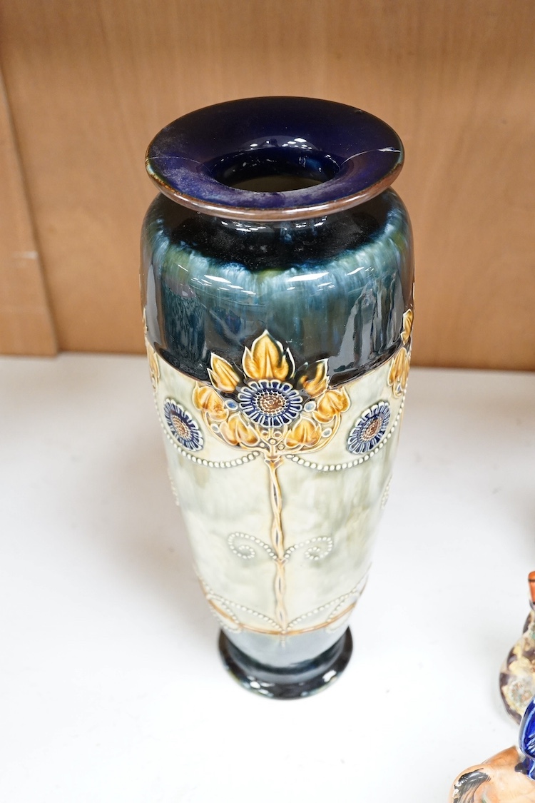 A collection of Staffordshire flatback figures, two Doulton vases and Royal Crown Derby Imari pattern, largest 36cm high. Condition - varies